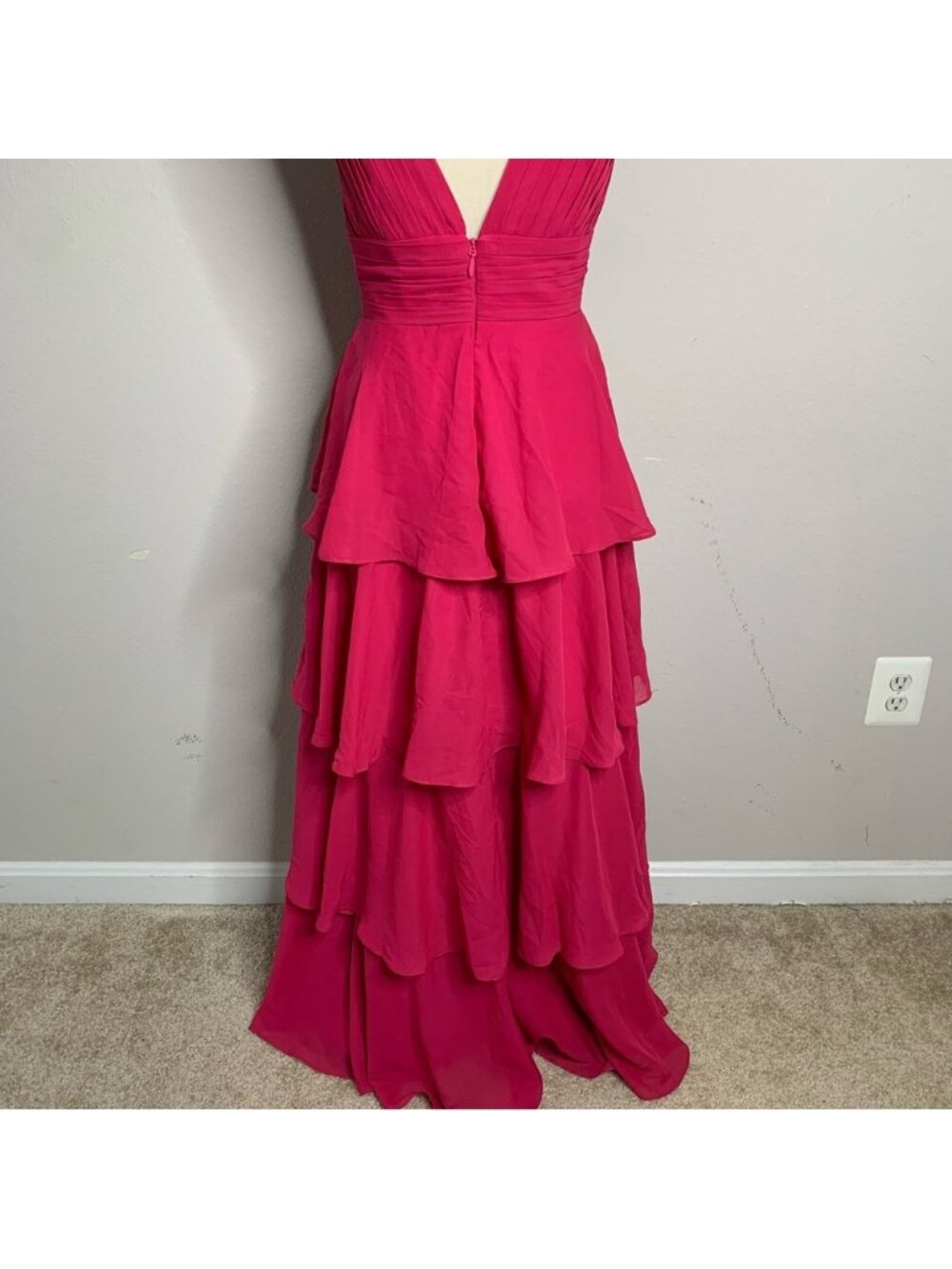 Fuchsia Pink Plunging V-Neck Tiered Chiffon Maxi Gown Sleeveless Formal Dress - Picture 12 of 14